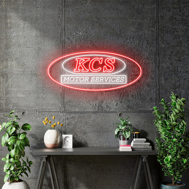 Custom neon -    KCS Motor Services  - Size: 100cm x 43cm  - Red and White -  incl Shipping and 2yrs Warranty