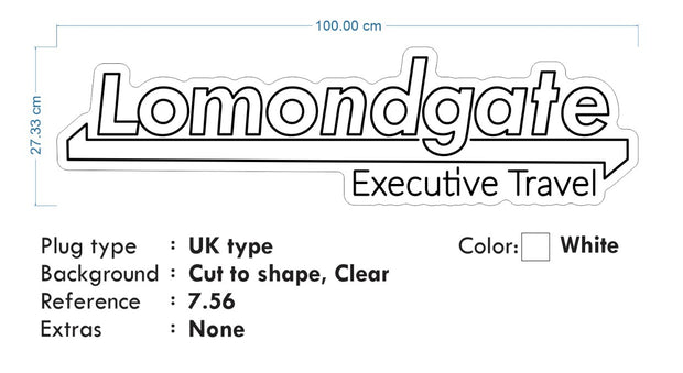 Custom neon - LOMONDGATE Executive Travel -  100cm x 27cm - White neon  -  incl Shipping and 2yrs Warranty