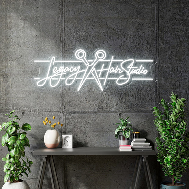 Custom Neon - Legacy Hair Studio  - White - 30x11inches - indoor Sign