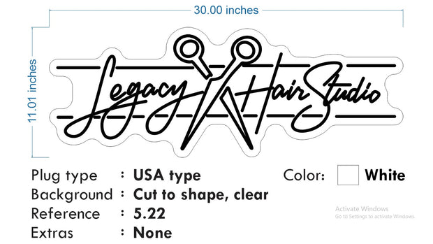 Custom Neon - Legacy Hair Studio  - White - 30x11inches - indoor Sign