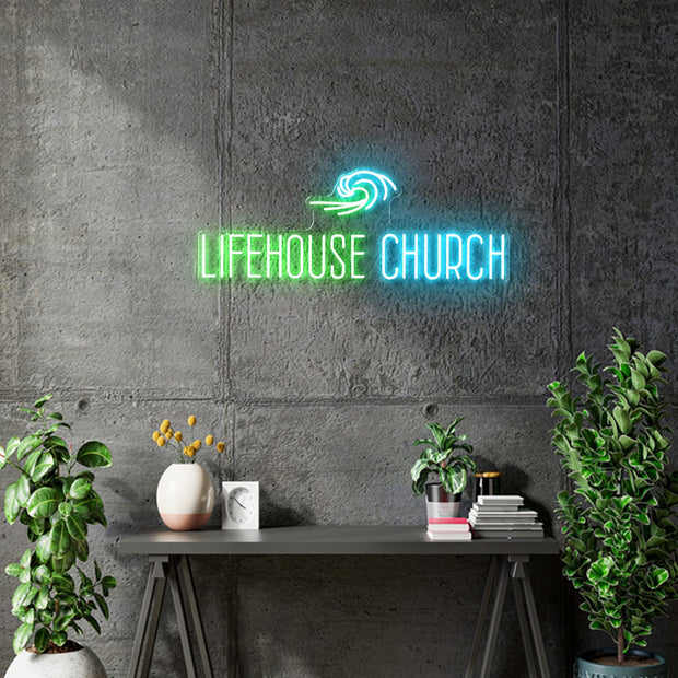 Custom Neon -  Lifehouse Church - Green and Light Blue - Size: 30inch x 10inch  - indoor Sign (2yrs Warranty)