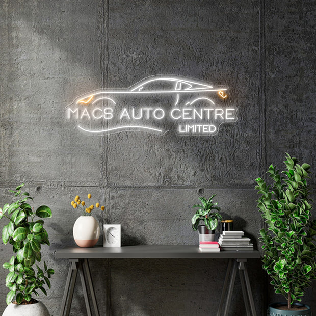 Custom Neon  - MACS Auto Center -  White and Orange - Size: 120 cm x 42cm  - indoor Sign (2yrs Warranty)