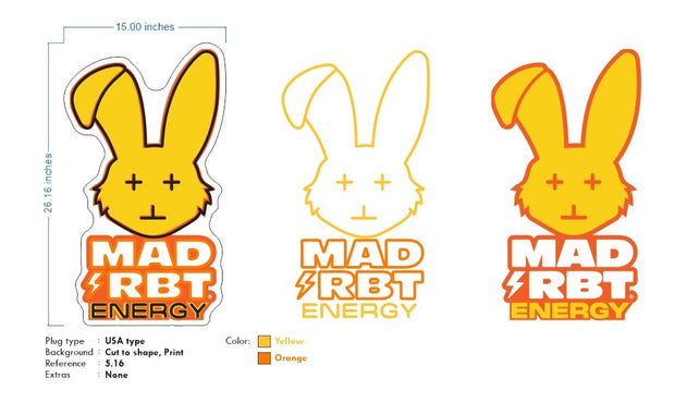 Custom Neon - Mad Rbt Energy - 26x15inch - Uv print + yellow and orange neon - Remote dimmer and Delivery