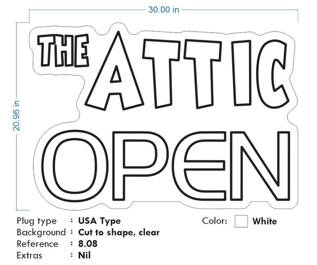 Custom Neon - The Attic Open - White/Blue/Light Blue - 30x20inch - out/indoor Sign