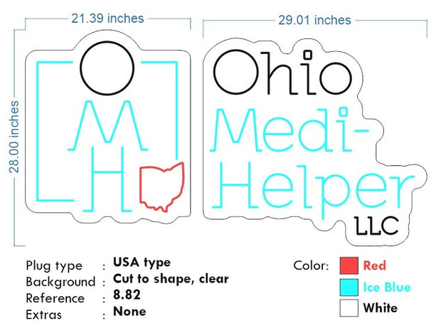 Custom Neon - Ohio Medi Helper - Light Blue, White and Red - 2pcs 21inch x 28inch &  29inch x 28inch - dimmer and delivery