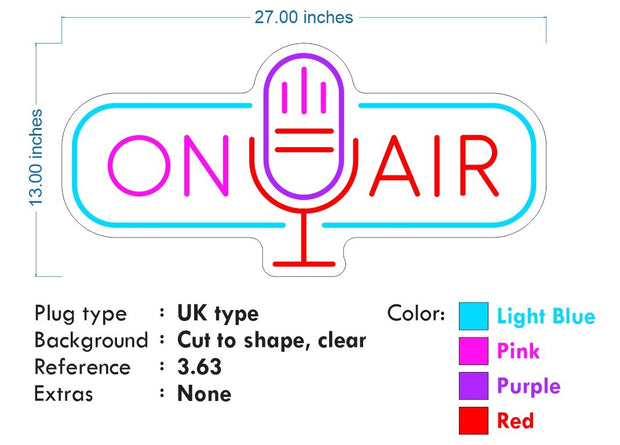 Custom Neon -  On Air -Light blue, Purple, Red and White - Size: 27 x 13inch - indoor Sign