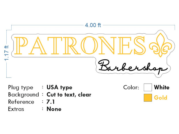 Custom Neon - Patrones Barbershop - 4x1.17ft  -Gold and White -  Remote dimmer and Delivery