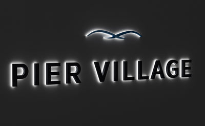 Custom 3D Channel Letter Backlit | PIER VILLAGE 12ft x 2.5ft - Silver and Blue -  incl Shipping, and 2yrs Warranty