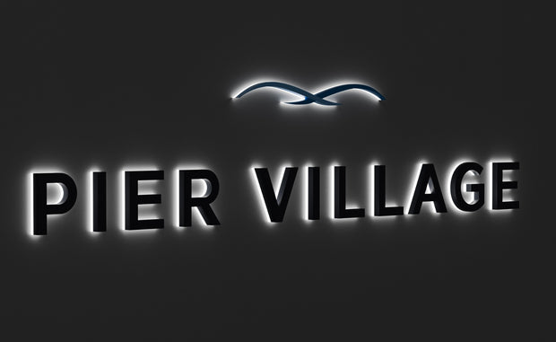 Custom 3D Channel Letter Backlit | PIER VILLAGE 12ft x 2.5ft - Silver and Blue -  incl Shipping, and 2yrs Warranty