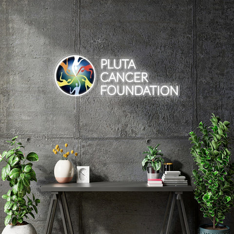 Custom neon - Pluta Cancer Foundation  - Size: 30 x 10 inch  - White + logo Print -  incl Shipping and 2yrs Warranty