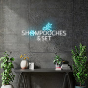 Custom Neon -  SHAMPOOCHES & SET - Size: 80cm x 33cm -  Light Blue and White  - INDOOR  - Remote dimmer and Delivery (2 years Warranty)