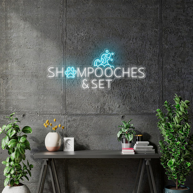 Custom Neon -  SHAMPOOCHES & SET - Size: 80cm x 33cm -  Light Blue and White  - INDOOR  - Remote dimmer and Delivery (2 years Warranty)