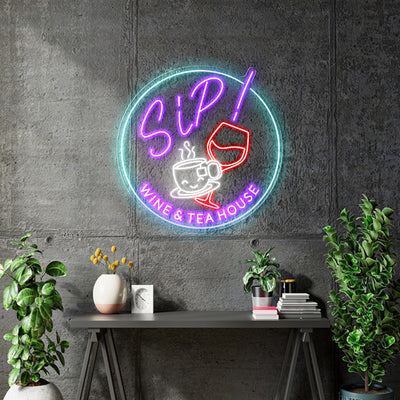 Custom Neon - SIP Wine and Tea house - 30inches  -Light Blue , White , Red and Purple - indoor - Remote dimmer and Delivery