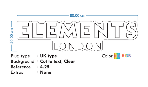 Custom neon - ELEMENTS LONDON - Size: 80cm x 20cm  - RGB -  incl Shipping and 2yrs Warranty