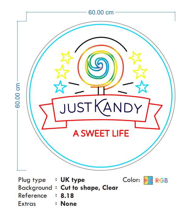 Custom neon - JUST KANDY Logo -   60cm x 60cm - Multi colours used - incl Shipping and 2yrs Warranty