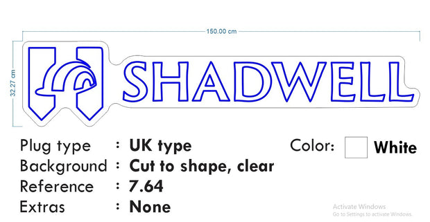 Custom Neon Logo - Shadwell - Blue backing and White neon - 150x32cm - indoor Signs