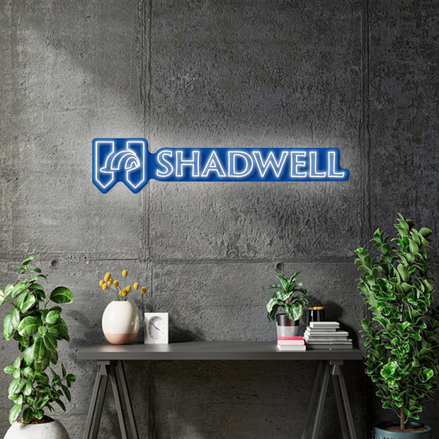 Custom Neon Logo - Shadwell - Blue backing and White neon - 150x32cm - indoor Signs