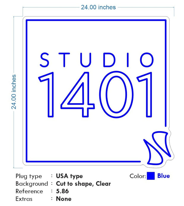 Custom neon -  STUDIO 1401 - Size: 24 x 24 inch - Blue - incl Shipping and 2yrs Warranty