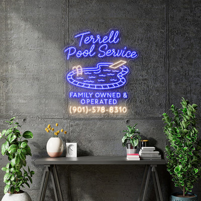 Custom Neon  - TERRELL POOL SERVICE -  Blue and Warm White - Size: 26inch x 22inch (smallest size) - indoor Sign (2yrs Warranty)