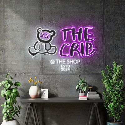 Custom neon logo sign The Crib 34" x 22" - white neon + Purple neon + UV print in black- free delivery and remote dimmer control