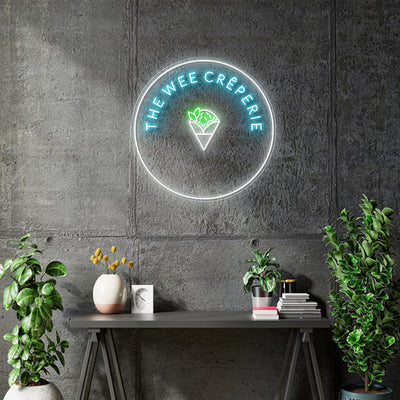 Custom Neon |  The Wee Creperie -  Size: 50cm x 50cm - Light Blue, Green, White -  incl Delivery, and 2yrs Warranty
