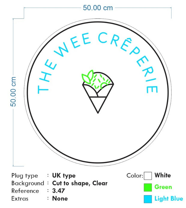Custom Neon |  The Wee Creperie -  Size: 50cm x 50cm - Light Blue, Green, White -  incl Delivery, and 2yrs Warranty