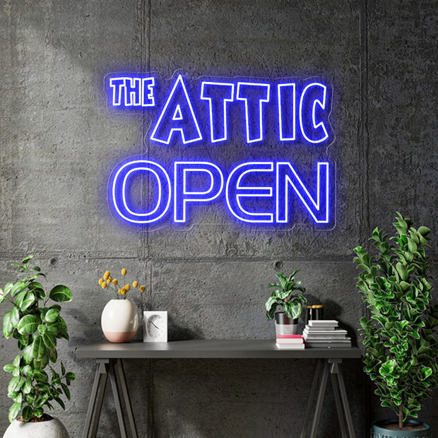Custom Neon - The Attic Open - White/Blue/Light Blue - 30x20inch - out/indoor Sign