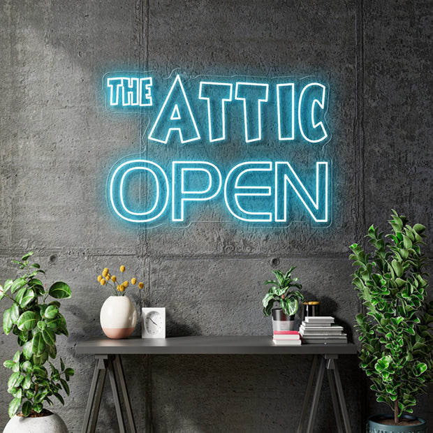 Custom Neon - The Attic Open - White/Blue/Light Blue - 30x20inch - out/indoor Sign