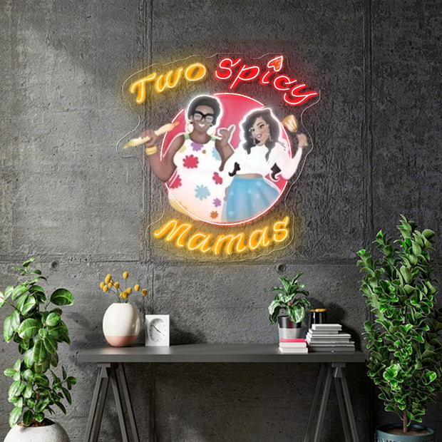 Custom Neon - 2 Spicy Mamas neon sign  - White and Red - 40inch x 39inch  -  Remote dimmer and Delivery