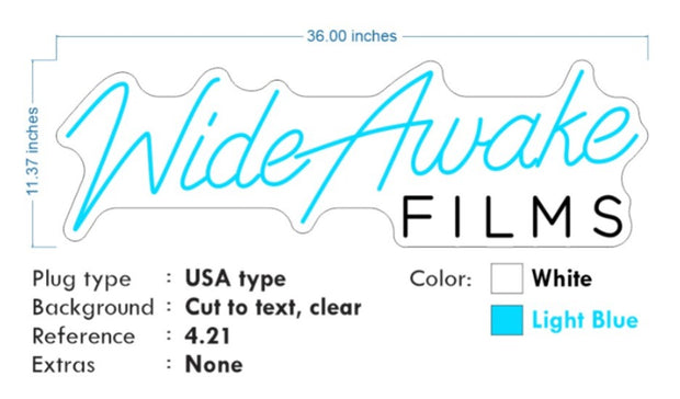 Custom Neon - Wide Awake Films - Light blue White - 36x11inch - dimmer and delivery