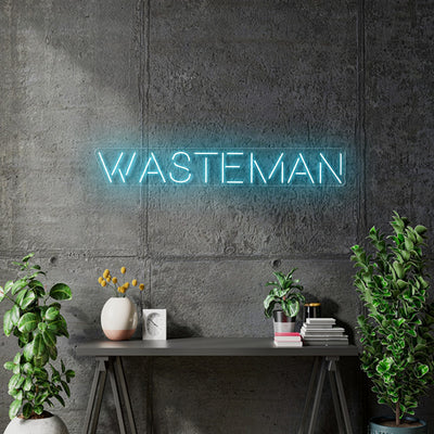 Custom Neon Logo - WASTEMAN -  Light Blue - 47 x 7 inch -  Delivery and Remote 2yr Warranty