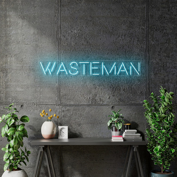 Custom Neon Logo - WASTEMAN -  Light Blue - 47 x 7 inch -  Delivery and Remote 2yr Warranty