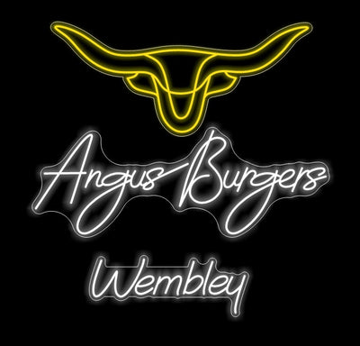 Logo:  Angus Burger Wembley- 100x70cm - Yellow and White- delivery, dimmer and remote incl.