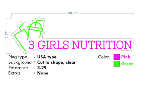 Custom Neon - 3 GIRLS NUTRITION -  36x10" - Hot Pink and Green - dimmer and delivery