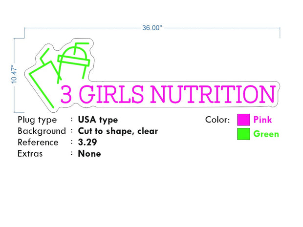 Custom Neon - 3 GIRLS NUTRITION -  36x10" - Hot Pink and Green - dimmer and delivery