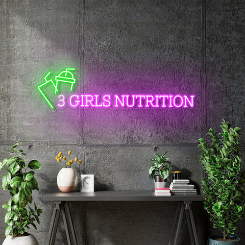 Custom Neon - 3 GIRLS NUTRITION -  36x10" - Hot Pink and Green - dimmer and delivery