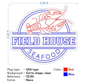 Custom Neon -  Field House Seafood - Outdoor neon sign -  4ft sign - Circle sign - Blue and Red -  Delivery and Remote