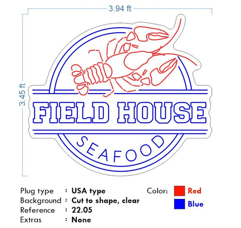 Custom Neon -  Field House Seafood - Outdoor neon sign -  4ft sign - Circle sign - Blue and Red -  Delivery and Remote