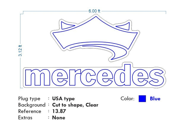 Custom Neon Mercedes -  Light Blue neon - indoor - 6ft x 3.12ft - Free Delivery and Remote+ Battery