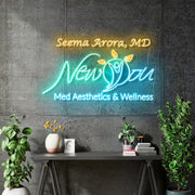 Custom Neon for Seema -  NEW YOU Logo -  Gold , Light Blue Light Green, 35x20inch - Free Delivery and Remote+ Battery