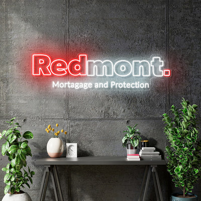 Custom Neon - Redmont. Mortgage and Protection - 100x26.7cm - Red and White - Remote dimmer and Delivery