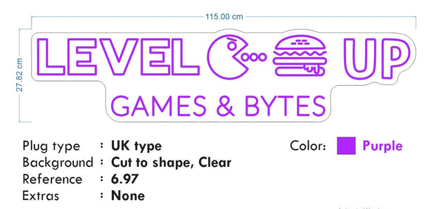 Custom Neon - Level Up Games and Bites - 115x27cm - Purple - Remote dimmer and Delivery