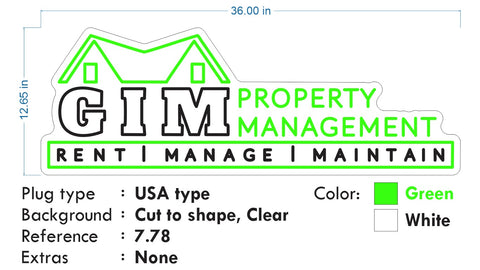 Custom Neon - GIM Property Management - 36inches x  -Green and White -  Remote dimmer and Delivery