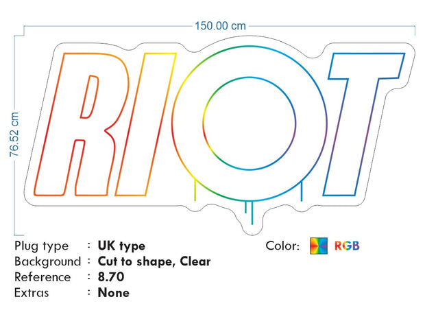 Custom Neon - RIOT - 150x76cm - RGB Multicolour  - Remote dimmer and Delivery