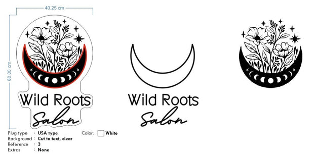 Custom Neon for Karly - Wild Roots Salon - 2ft (60x40cm) -White + UV Print - dimmer and delivery