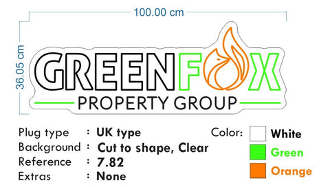 Custom Neon - Green Fox -  100x 36cm - White Orange and Green - Free Delivery and Remote+ Battery