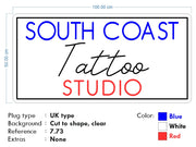 Custom Neon - South Coast Tattoo Studio  - 100x50cm - Red Blue and White - indoor - Remote dimmer and Delivery