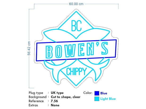 Custom Neon - Bowens Chippy - Light Blue and Blue - 60cm x 56cm - indoor Signs