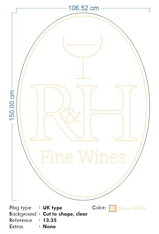 Custom neon - R & H  Fine Wines - Warm White- 150 x 106cm  - incl Shipping and 2yrs Warranty