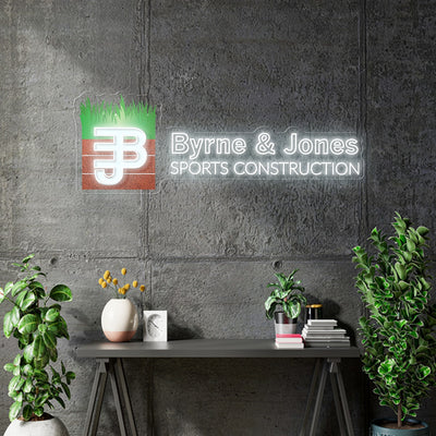 Custom Neon Logo -Byrne and Jones Sport Contruction   -  60x21inch - White + Print -  Delivery and Remote